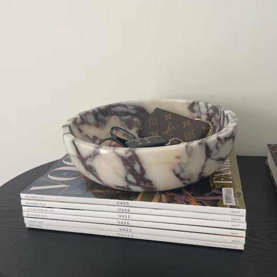 Calacatta Viola Marble Bowl – Handmade Round Stone Centerpiece – Luxury Coffee Table Decor