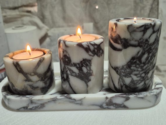 Calacatta Viola Marble Candle Holder Set: Handcrafted Tealight Trio