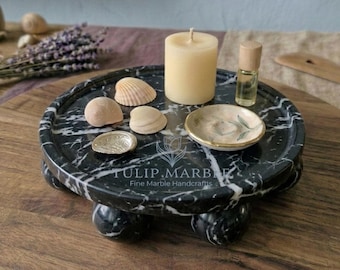 Black Marquina Marble Tray with 8 Sphere Feet, Modern Natural Stone Serving Platter