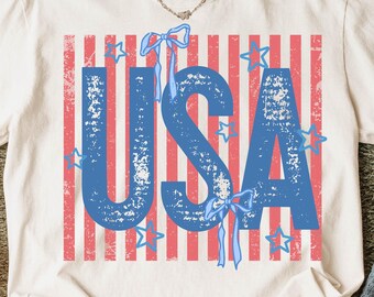 USA Preppy Stripes Stars PNG, Coquette Bow Patriotic, 4th ofJuly Sublimation