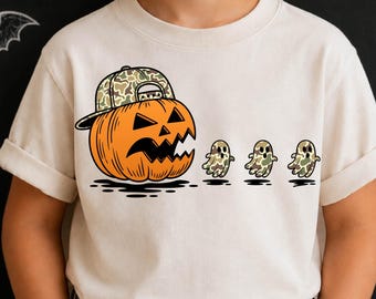 Halloween Camo Pumpkin Chasing Ghost Png, Funny Kids Fall Shirt, Funny Boo Ghost Design (Digital Download)