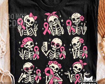 Girly Skeletons Ribbon Breast Cancer Awareness PNG, Ribbon Skeletons Halloween,  In October We Wear Pink Sublimation (Digital Download)