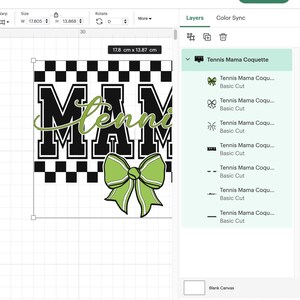 May include: A digital design featuring the word "MAMA" in a bold, black and white checkered font, with "Jenni" in a green script. A green bow with a tennis ball design is at the bottom. The design measures 17.8 cm x 13.87 cm.