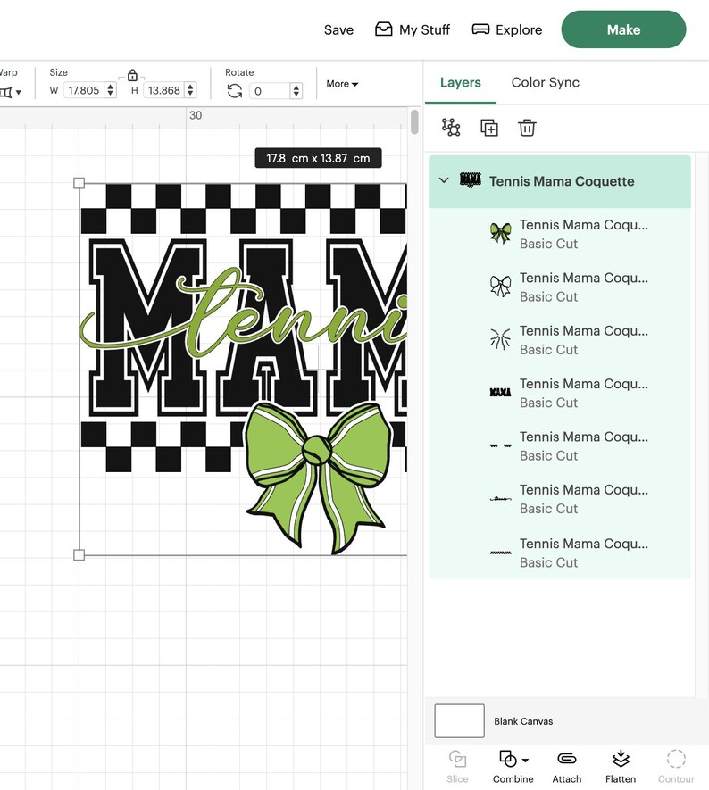 May include: A digital design featuring the word "MAMA" in a bold, black and white checkered font, with "Jenni" in a green script. A green bow with a tennis ball design is at the bottom. The design measures 17.8 cm x 13.87 cm.