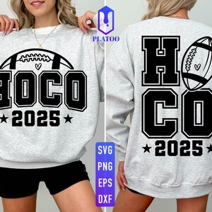 May include: A light gray sweatshirt with the text "HOCO 2025" in black block letters, a football graphic, and stars. The back of the sweatshirt also features "HOCO" and a football graphic, with "2025" and stars.