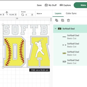 May include: A digital design for a softball dad SVG cut file. The design features the words "Softball Dad" with a softball and a baseball player silhouette.