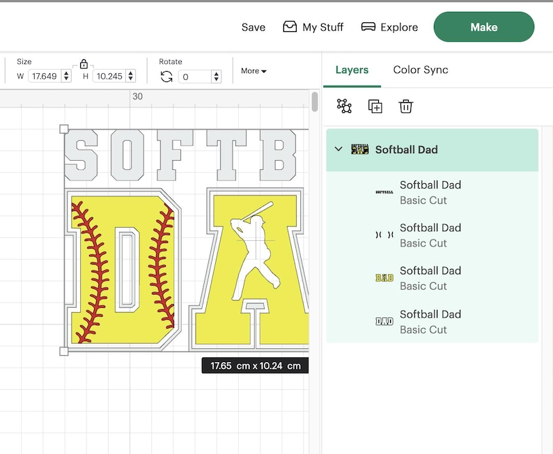 May include: A digital design for a softball dad SVG cut file. The design features the words "Softball Dad" with a softball and a baseball player silhouette.