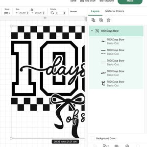May include: A black and white graphic design with the text "100 days of school" and a bow. The design includes the numbers "100" in a bold font, a checkered pattern, and the text is in a script font. The design measures 20.39 cm x 21.01 cm.