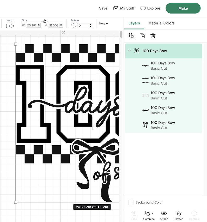 May include: A black and white graphic design with the text "100 days of school" and a bow. The design includes the numbers "100" in a bold font, a checkered pattern, and the text is in a script font. The design measures 20.39 cm x 21.01 cm.