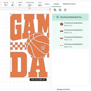 Puede incluir: Un dise&ntilde;o gr&aacute;fico naranja con las palabras "GAME DAY" y una pelota de baloncesto con un coraz&oacute;n. El dise&ntilde;o mide 15,6 cm x 17,65 cm. La imagen es un dise&ntilde;o digital, probablemente para una pegatina o impresi&oacute;n.