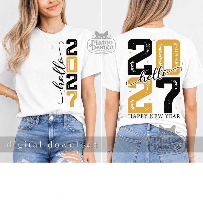 Puede incluir: Una camiseta blanca con el texto hello 2027 en negro y dorado en la parte delantera. La parte trasera muestra el texto hello 2027 y HAPPY NEW YEAR en negro y dorado con peque&ntilde;as estrellas. El dise&ntilde;o incluye una textura desgastada en los n&uacute;meros.
