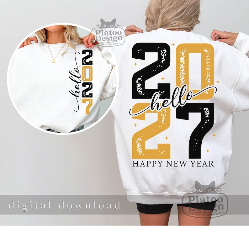 Puede incluir: Una sudadera blanca de manga larga con un gr&aacute;fico negro y dorado en la espalda que dice "hello 2027" y "HAPPY NEW YEAR" con estrellas. Un recuadro circular muestra el mismo dise&ntilde;o impreso verticalmente en el pecho izquierdo.