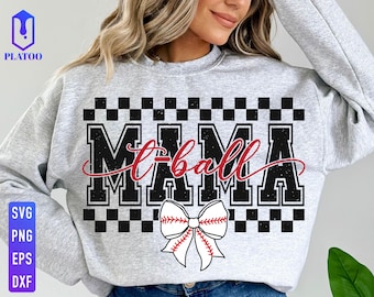 May include: Gray sweatshirt with a black and white checkered pattern and the text "Mama t-ball" in black with a red and white baseball bow.