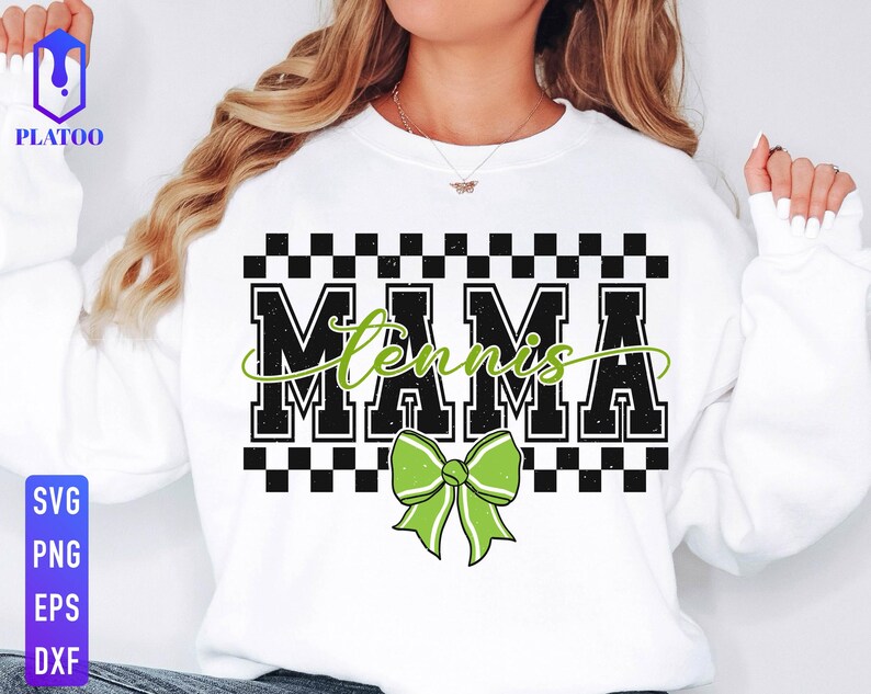 May include: White sweatshirt with the words "MAMA Tennis" in black block letters with a green cursive "Tennis" overlay. A green bow graphic is below the text. The top of the text is a black and white checkered pattern.