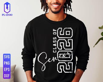May include: A black long-sleeved shirt with a white graphic design that says "Class of 2026 Senior" with a distressed, vintage look.