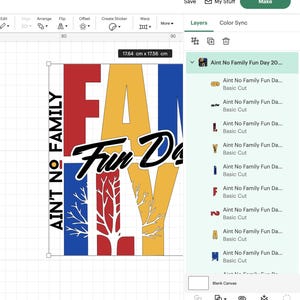 May include: A digital design with the text "AIN'T NO FAMILY Fun Da" in bold, colorful letters. The design features red, yellow, and blue blocks with a black cursive font. The dimensions are 17.64 cm x 17.56 cm.