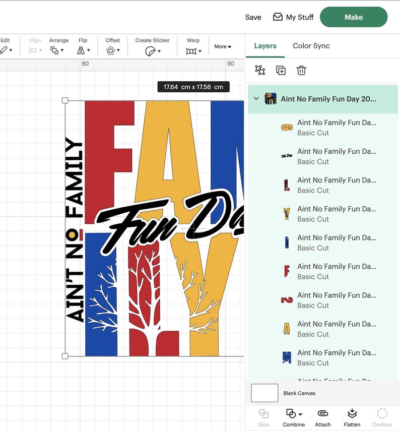 May include: A digital design with the text "AIN'T NO FAMILY Fun Da" in bold, colorful letters. The design features red, yellow, and blue blocks with a black cursive font. The dimensions are 17.64 cm x 17.56 cm.