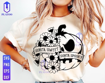 SVG de Halloween "Meio Doce, Meio Assustador", Abóbora Floral PNG (Download Digital)