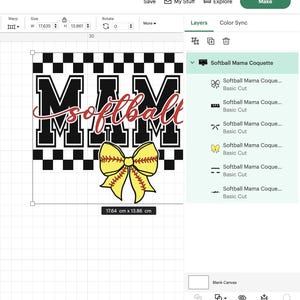 May include: A black and white checkered background with the word "MAM" in large black letters and the word "softball" in smaller black letters underneath. A yellow and red softball with a yellow bow is centered below the text.