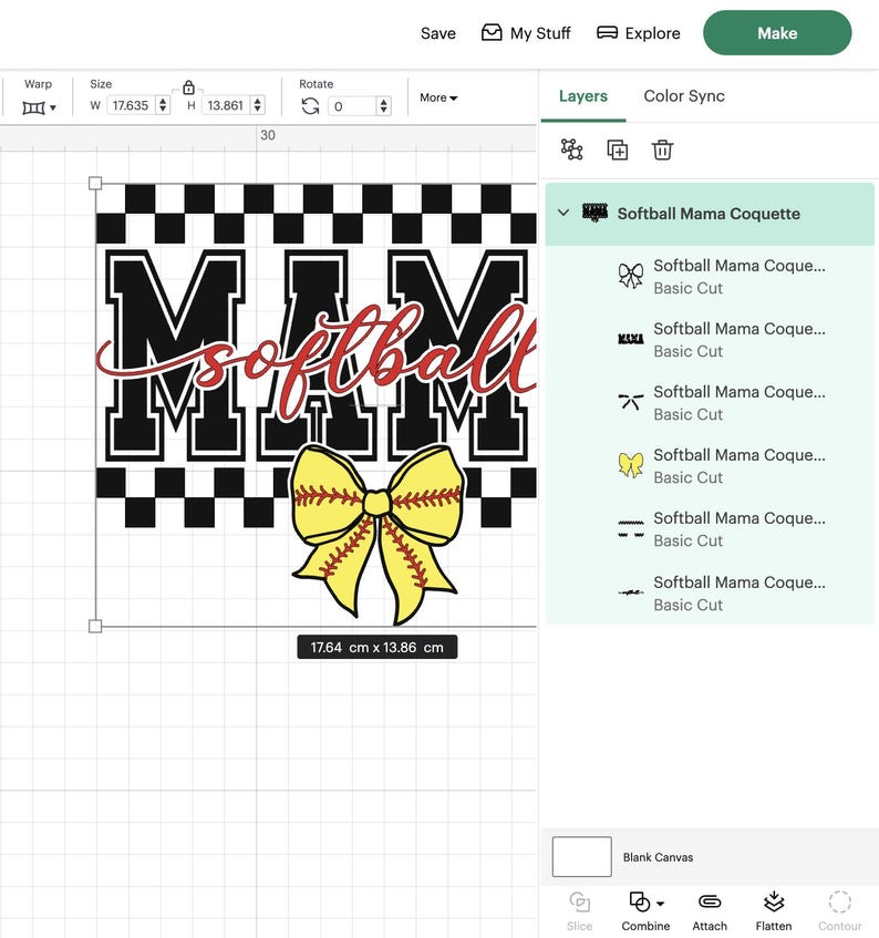 May include: A black and white checkered background with the word "MAM" in large black letters and the word "softball" in smaller black letters underneath. A yellow and red softball with a yellow bow is centered below the text.