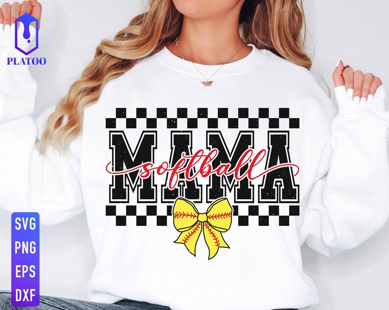 May include: White sweatshirt with black and white checkered pattern and the text "Mama Softball" in black with a red outline. A yellow and red softball bow is below the text.