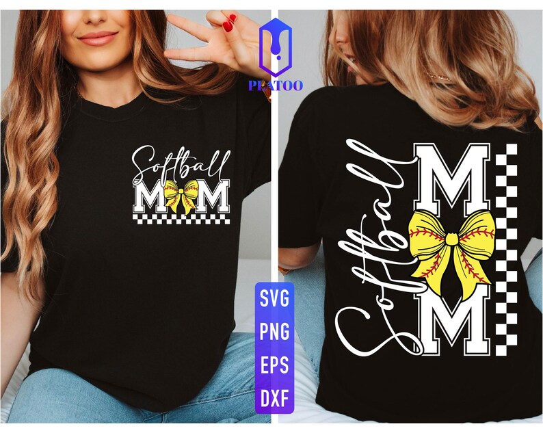 May include: Black t-shirt with "Softball Mom" in white script and block letters, featuring a yellow bow and a checkered pattern. The back of the shirt repeats the design with "Softball" in script and the "MOM" design.