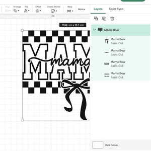 May include: A black and white design featuring the word "MAMA" in a bold, block letter style, with "mama" in a cursive font. A checkered pattern and a bow are also included in the design. The design measures 17.64 cm x 15.7 cm.
