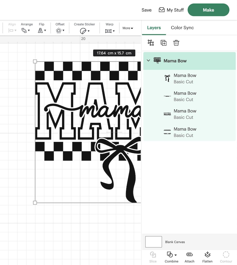 May include: A black and white design featuring the word "MAMA" in a bold, block letter style, with "mama" in a cursive font. A checkered pattern and a bow are also included in the design. The design measures 17.64 cm x 15.7 cm.