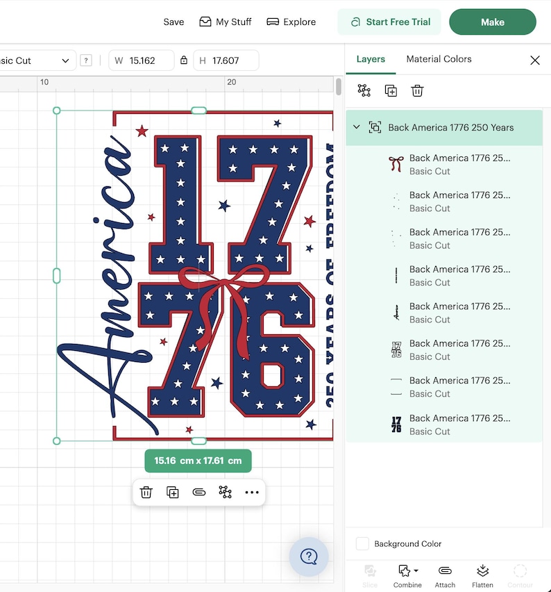 Puede incluir: Un dise&ntilde;o patri&oacute;tico con el n&uacute;mero "1776" en azul con estrellas blancas, un lazo rojo y la palabra "America" en escritura cursiva. El dise&ntilde;o mide 15,16 cm x 17,61 cm y celebra 250 a&ntilde;os de libertad.