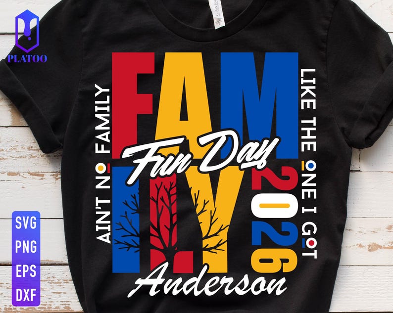 May include: Black t-shirt with a colorful graphic design. The design features the word "FAMILY" in red, yellow, and blue, with "Fun Day" in white script. Additional text includes "AIN'T NO FAMILY", "LIKE THE ONE I GOT", "2026", and "Anderson".