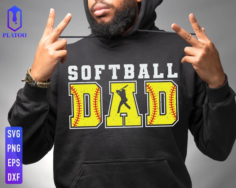 May include: Black hooded sweatshirt with the text "Softball Dad" in white letters. The text is surrounded by two yellow softball graphics with red stitching.