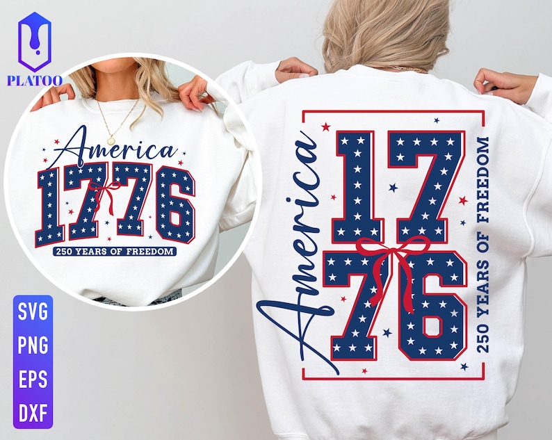 Puede incluir: Sudadera blanca con el texto "America 1776" en azul marino con estrellas blancas, celebrando 250 a&ntilde;os de libertad. El dise&ntilde;o se repite en la espalda. Tema patri&oacute;tico.