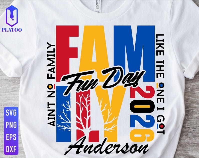 May include: White t-shirt with a colorful graphic design. The design features the word "FAMILY" in large, bold letters, with the words "Fun Day 2026" and "Anderson" below. Additional text includes "AIN'T NO FAMILY" and "LIKE THE ONE I GOT".