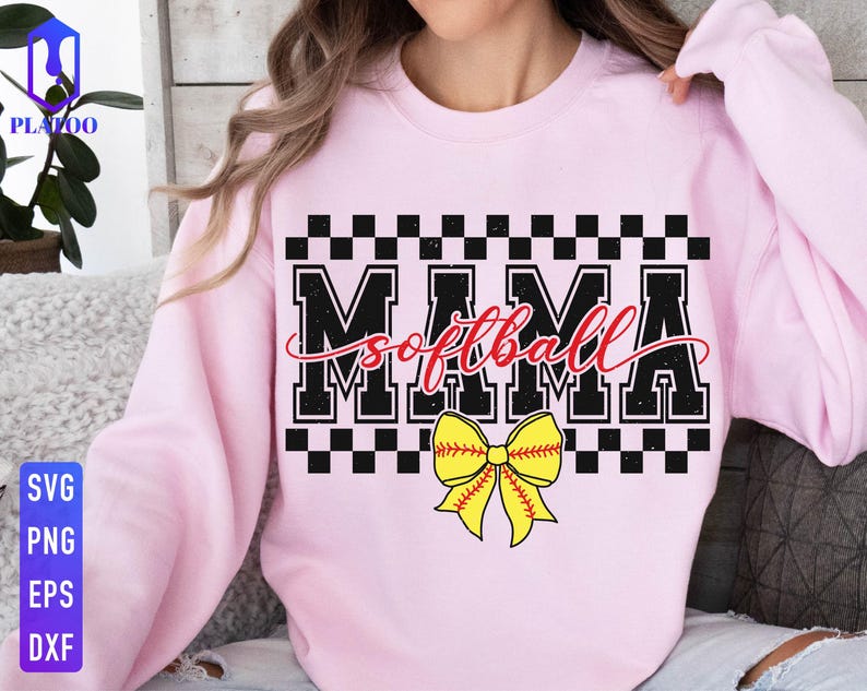 May include: Pink sweatshirt with a black and white checkered pattern and the text "Mama Softball" in black with a yellow and red softball bow.