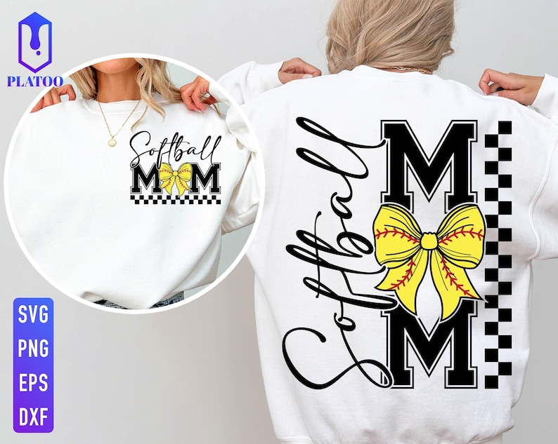 May include: White sweatshirt with the text "Softball Mom" in black script and block letters. A yellow softball bow is centered on the front and back. The back features the word "Softball" in script and a black and white checkered pattern.