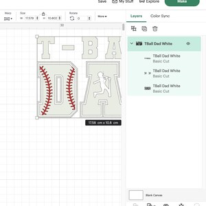 Puede incluir: Un dise&ntilde;o digital para un proyecto de manualidades con tem&aacute;tica de b&eacute;isbol. El dise&ntilde;o presenta el texto "T-BALL DAD" con una pelota de b&eacute;isbol y una silueta de jugador de b&eacute;isbol. El dise&ntilde;o mide 17,58 cm x 10,8 cm.