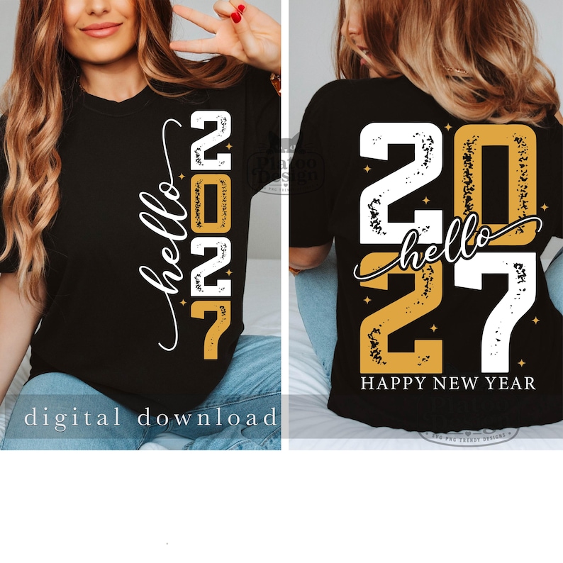 Puede incluir: Una camiseta negra con un dise&ntilde;o gr&aacute;fico que incluye el texto hello 2027 en colores blanco y dorado. El dise&ntilde;o presenta peque&ntilde;os detalles de estrellas y una textura desgastada en los n&uacute;meros. La parte trasera muestra el texto HAPPY NEW YEAR.