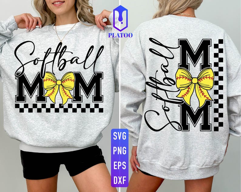 May include: A light gray sweatshirt with the words "Softball Mom" in black script and block letters. A yellow softball bow is centered on the front and back. The design includes a black and white checkered pattern.