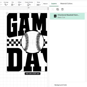 May include: A black and white graphic design featuring the text "GAME DAY!" and a baseball. The design includes a checkered pattern and measures 15.1 cm x 17.07 cm.