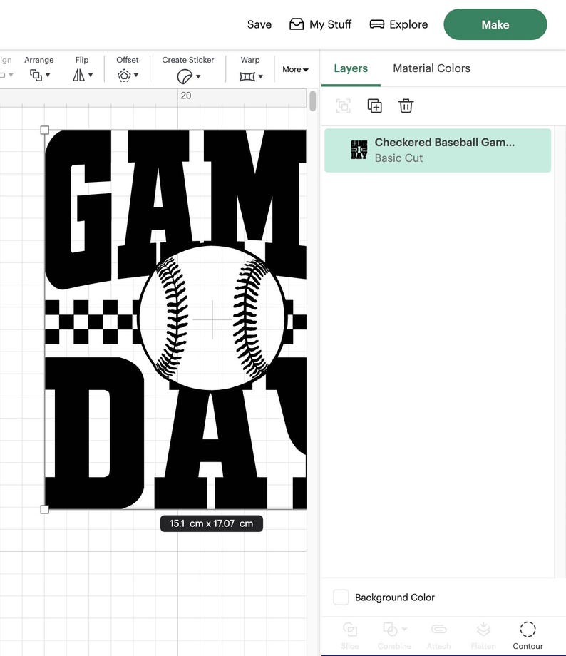 May include: A black and white graphic design featuring the text "GAME DAY!" and a baseball. The design includes a checkered pattern and measures 15.1 cm x 17.07 cm.