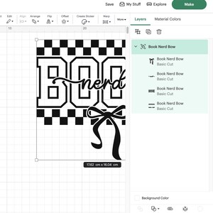 May include: Black and white graphic design with the words "Book Nerd" and a bow. The design is 17.62 cm x 16.04 cm. The word "BOO" is in large block letters, with "nerd" in a script font.