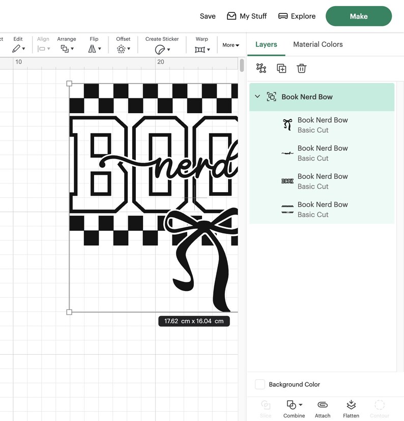 May include: Black and white graphic design with the words "Book Nerd" and a bow. The design is 17.62 cm x 16.04 cm. The word "BOO" is in large block letters, with "nerd" in a script font.