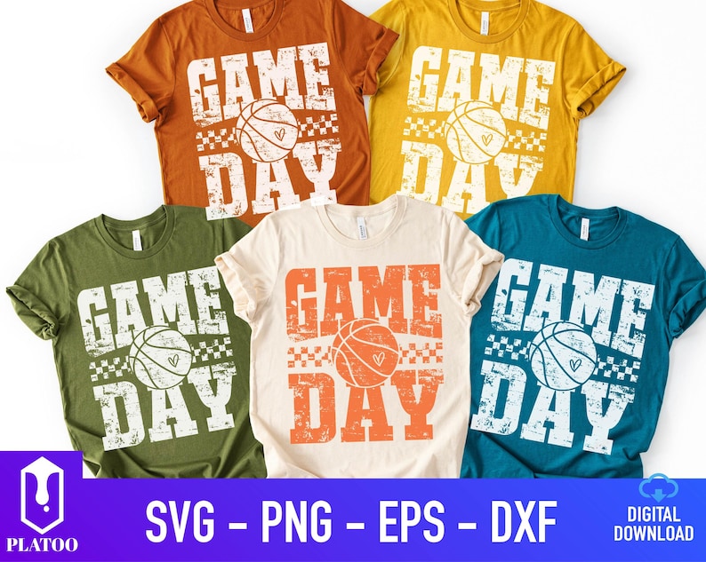 Puede incluir: Cinco camisetas en varios colores: naranja, amarillo, verde, crema y turquesa. Cada camiseta presenta el texto "GAME DAY" en una fuente blanca desgastada, con un gr&aacute;fico de baloncesto. La parte inferior de la imagen incluye el texto "SVG - PNG - EPS - DXF".