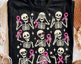 Retro Skeletons Ribbon Breast Cancer Awareness PNG, Ribbon Skeletons Halloween,  In October We Wear Pink Sublimation (Digital Download)