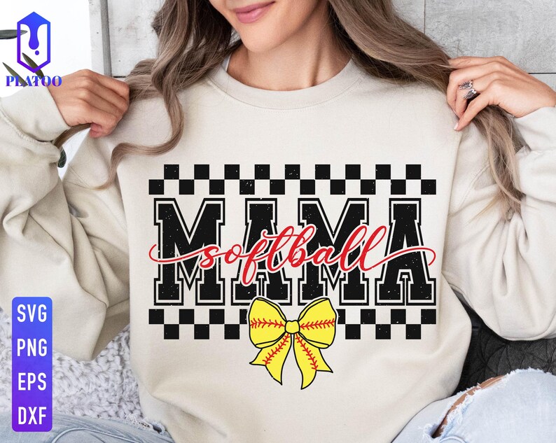 May include: A white sweatshirt with a black and white checkered design. The text "Mama Softball" is written in black with a red "softball" and a yellow and red bow.