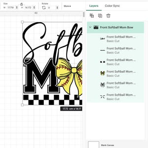 May include: A digital design featuring the words "Softball Mom" in black script and block letters, with a yellow softball bow. The design includes a black and white checkered pattern at the bottom. The dimensions are 17.72 cm x 14.17 cm.
