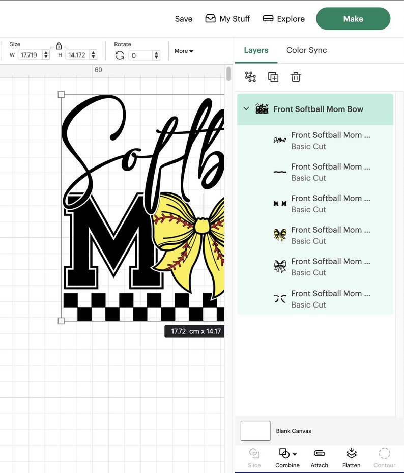 May include: A digital design featuring the words "Softball Mom" in black script and block letters, with a yellow softball bow. The design includes a black and white checkered pattern at the bottom. The dimensions are 17.72 cm x 14.17 cm.