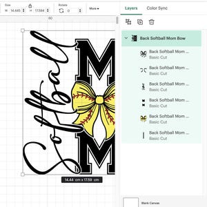 May include: A digital design featuring the words "Softball Mom" in black script, with the letters "MOM" in bold black block letters. A yellow bow with red stitching and a softball design is centered between the letters. The design measures 14.44 cm x 17.59 cm.