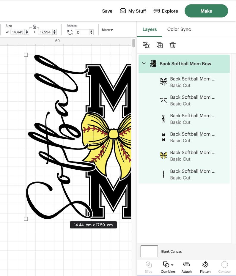 May include: A digital design featuring the words "Softball Mom" in black script, with the letters "MOM" in bold black block letters. A yellow bow with red stitching and a softball design is centered between the letters. The design measures 14.44 cm x 17.59 cm.