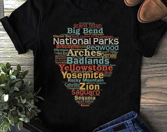 National Parks List Word Cloud Camping Hiking Men Women Short National Park T Shirt, Camping T Shirt, Camp T-Shirt, Camping, Funny Camping